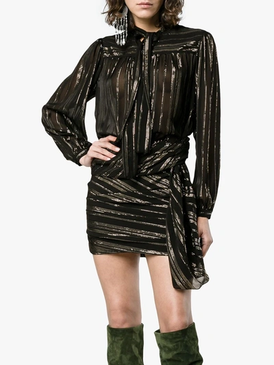 Shop Saint Laurent Bow Detail Metallic Wrap Silk Mini Dress In Black