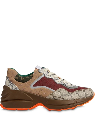 Gucci Gg Rhyton Leather-trimmed Sneakers In Neutrals ,red