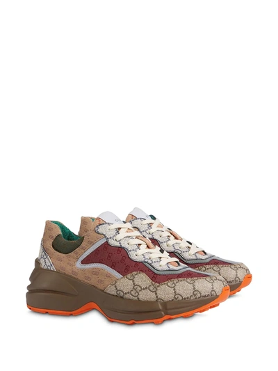 Gucci Gg Rhyton Leather-trimmed Sneakers In Neutrals ,red