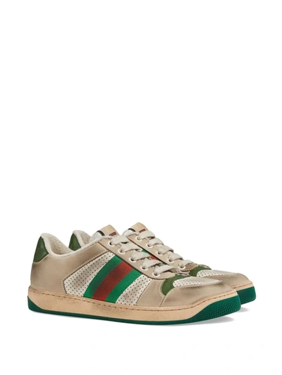 Gucci Screener Embellished Canvas-trimmed Distressed Leather Sneakers In Neutrals ,multicolour