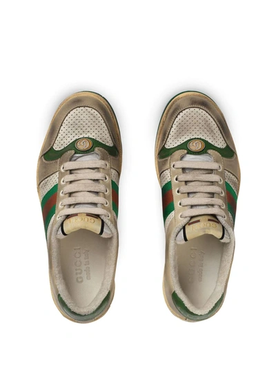 Gucci Screener Embellished Canvas-trimmed Distressed Leather Sneakers In Neutrals ,multicolour