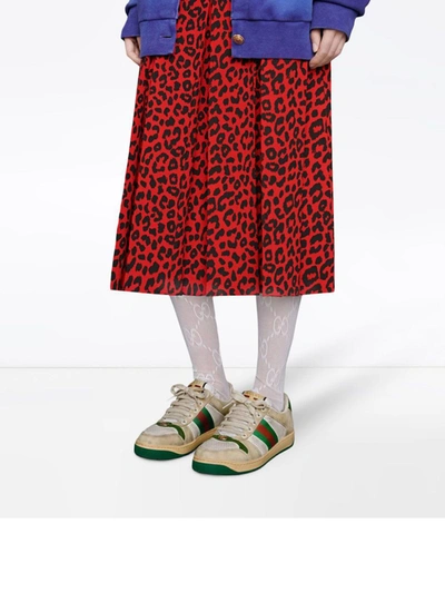 Gucci Screener Embellished Canvas-trimmed Distressed Leather Sneakers In Neutrals ,multicolour