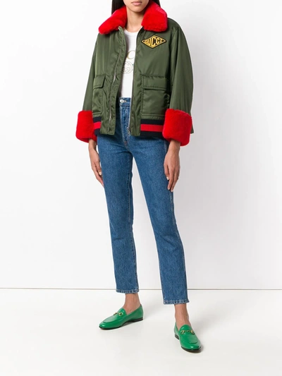 Shop Gucci Logo Patch Bomber Jacket In Green