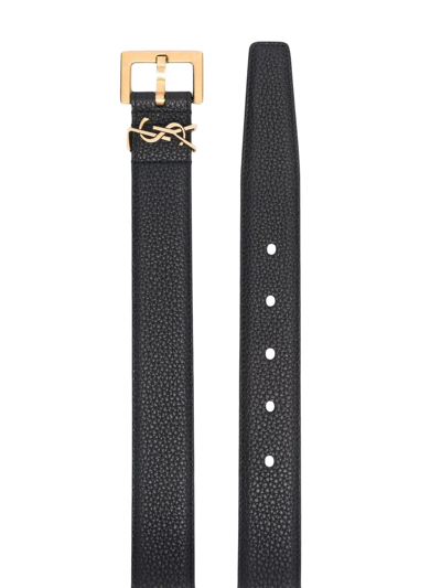 Saint Laurent Grained Leather Cassandre Belt With Square Buckle Accessories In Black