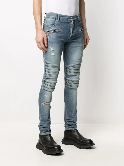 Shop Balmain Monogram Embroidered Slim-fit Jeans In Blue