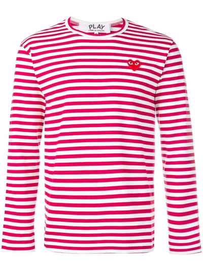 Shop Comme Des Garçons Play Heart Patch Striped Sweatshirt In Red