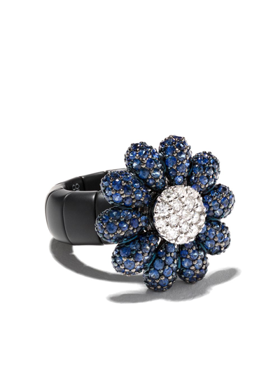Shop Roberto Demeglio 18kt Gold Diamond Flower Ring In Blue
