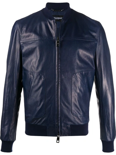 Shop Dolce & Gabbana Bomber Leather Jacket In Blue