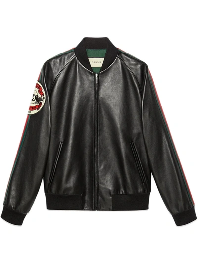 Shop Gucci Leather Bomber Jacket With Patch In Black