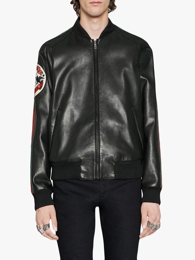 Shop Gucci Leather Bomber Jacket With Patch In Black