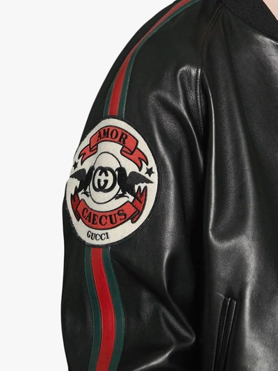 Shop Gucci Leather Bomber Jacket With Patch In Black