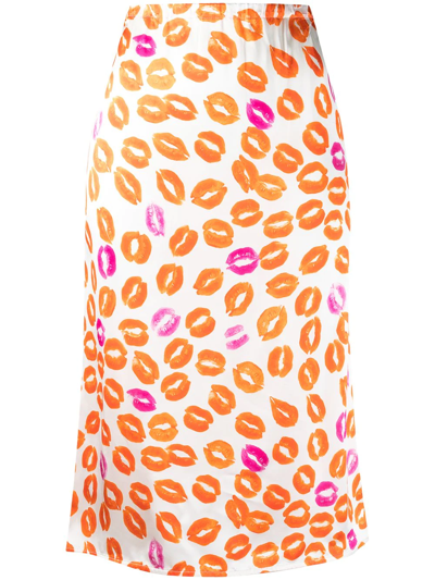 Shop Marni Lips Print Midi Skirt In Orange