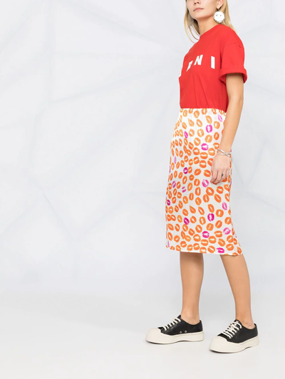 Shop Marni Lips Print Midi Skirt In Orange