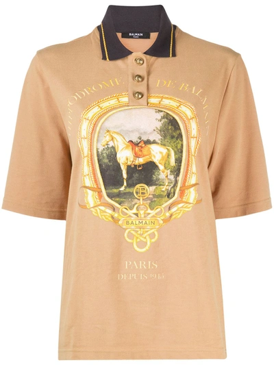 Shop Balmain Equestrian Print Polo Shirt In Brown