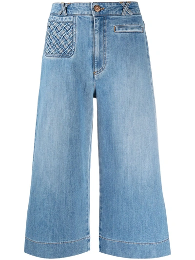 Shop See By Chloé Lattice-pocket Wide-leg Cropped Jeans In Blue