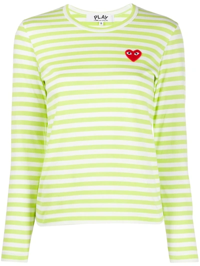 Shop Comme Des Garçons Play Heart Print Striped T-shirt In Green