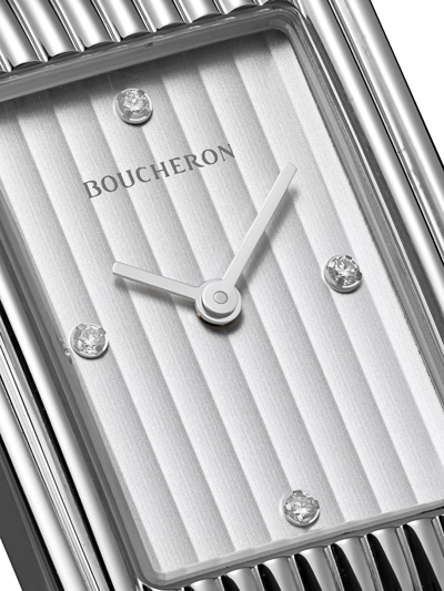 Shop Boucheron Medium Diamond Reflet Black Leather Strap Watch In Steel