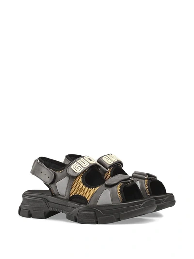 Shop Gucci Leather And Mesh Sandals In Grey