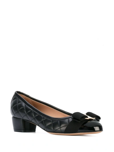 Ferragamo Vara Q Bow-embellished Quilted Patent-leather Pumps In Black