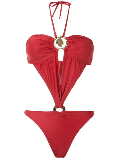 Shop Amir Slama Cut Out Halterneck Swimsuit In Red