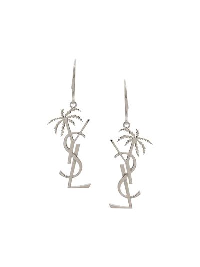 Shop Saint Laurent Monogram And Palm Tree Pendant Earring In Silver