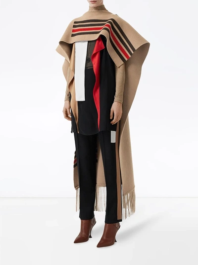 Shop Burberry Fringed Cape In Brown