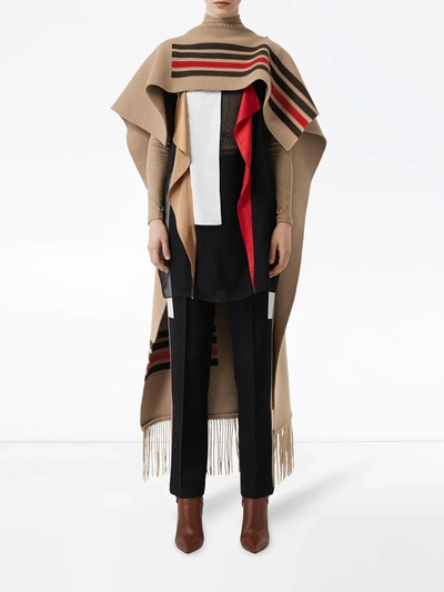 Shop Burberry Fringed Cape In Brown