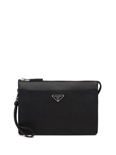 Prada Mens Black Logo-plaque Saffiano-leather Pouch In Black