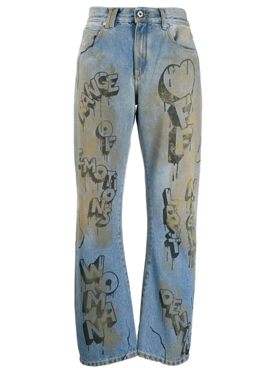 Shop Off-white Graffiti Print Straight Leg Jeans In Blue