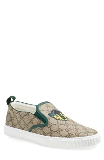 Shop Gucci 'dublin' Slip-on Sneaker (men) In Beige/ Ebony/ Green Canvas