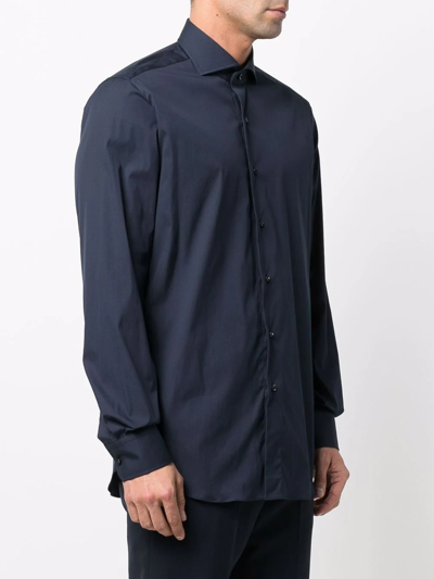 Shop Xacus Curved-hem Buttoned-up Shirt In Blau