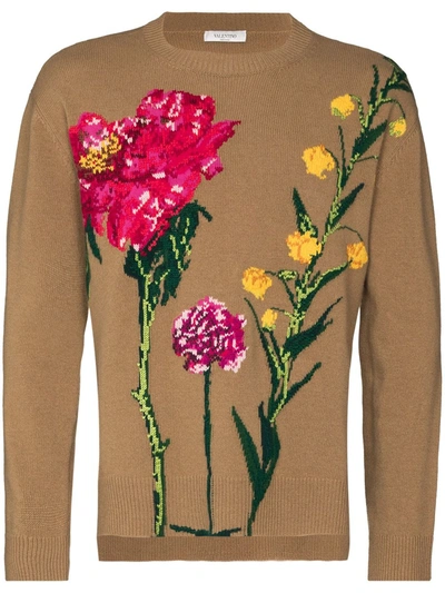 Shop Valentino Floral Intarsia Knit Jumper In Brown