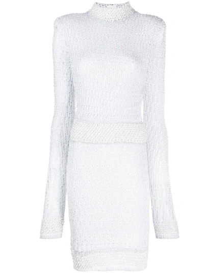 Shop Balmain Pearl And Sequin Embellished Knitted Dress In White