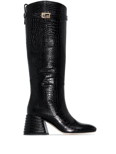 Shop Fendi Logo-plaque Crocodile-embossed Knee-high Boots In Black