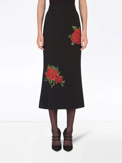 Dolce & Gabbana Rose Embroidered A-line Crepe Skirt In Black