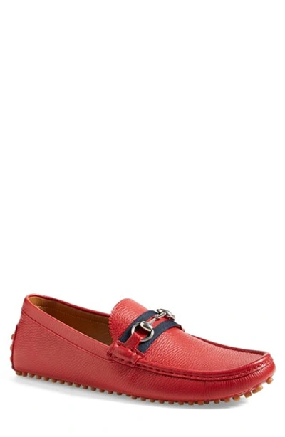 Gucci Horsebit Webbing-trimmed Grained-leather Driving Shoes In Rosso/b.r.b.