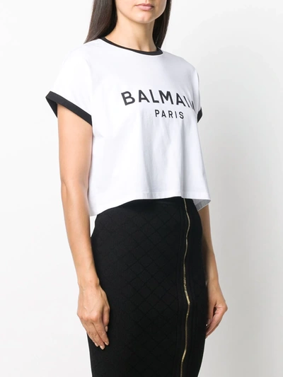 Shop Balmain Flocked Logo Cropped T-shirt In White