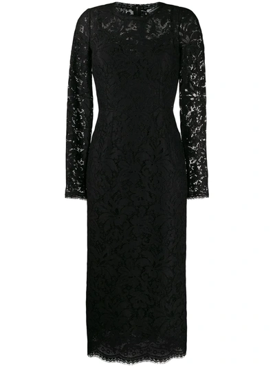 Shop Dolce & Gabbana Floral Lace Midi Dress In Black