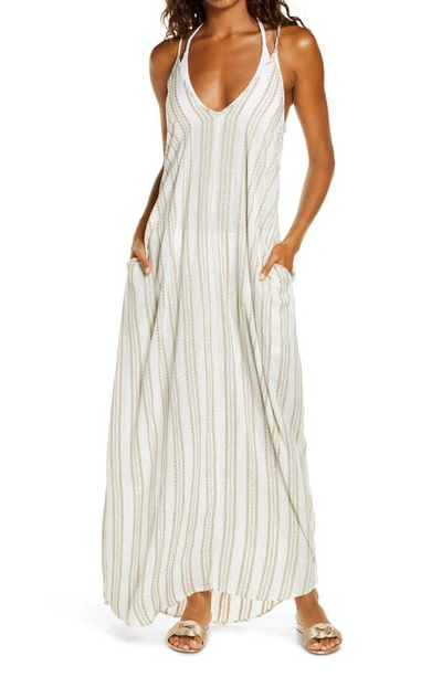 Shop Elan Cover-up Maxi Dress In White/ Gold Chambray