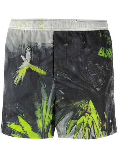 Shop Valentino Tropical Print Swim Shorts In Black
