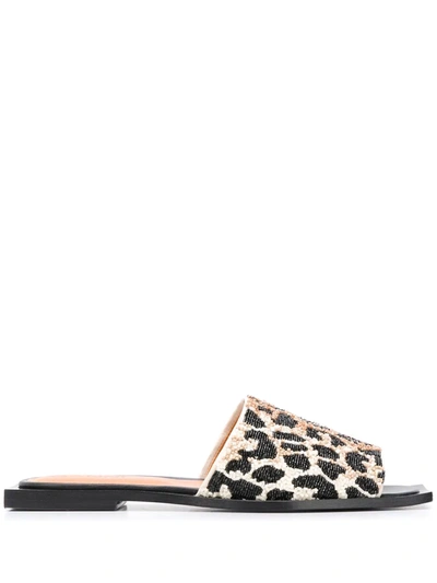 Shop Ganni Leopard-print Beaded Sandals In Neutrals