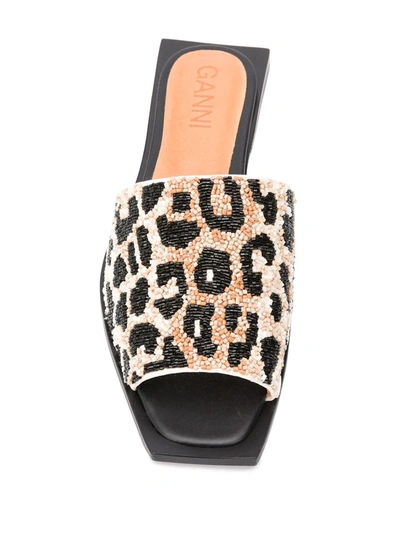 Shop Ganni Leopard-print Beaded Sandals In Neutrals