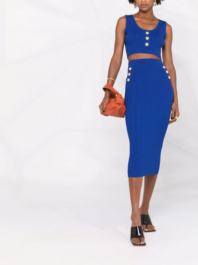 Balmain 6-button Ribbed Midi Skirt In Blau