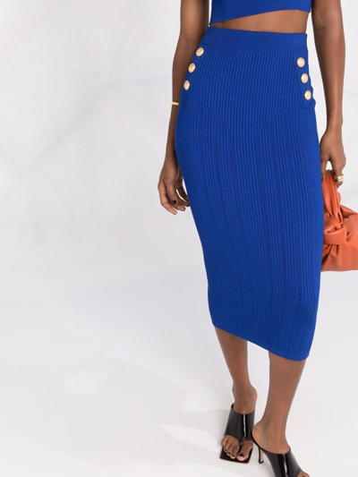 Balmain 6-button Ribbed Midi Skirt In Blau