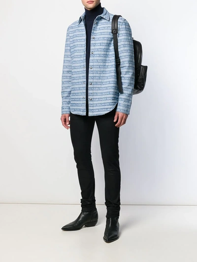 Shop Balmain Logo Striped Western Denim Shirt In Blue