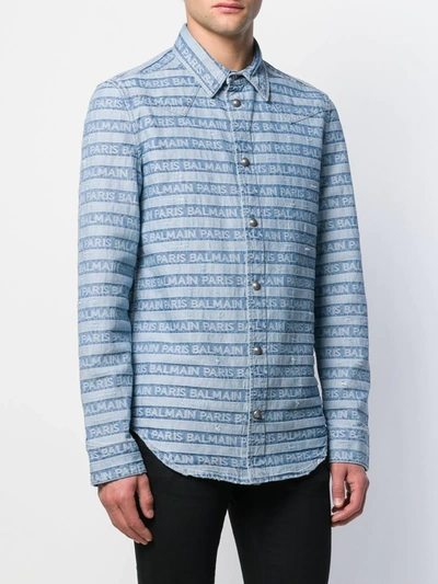 Shop Balmain Logo Striped Western Denim Shirt In Blue