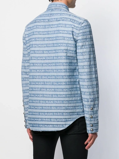 Shop Balmain Logo Striped Western Denim Shirt In Blue