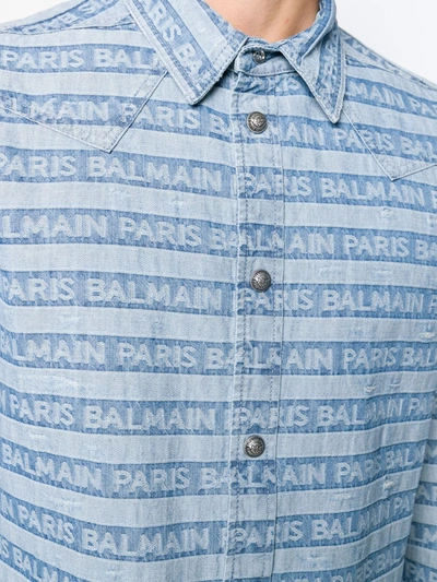 Shop Balmain Logo Striped Western Denim Shirt In Blue