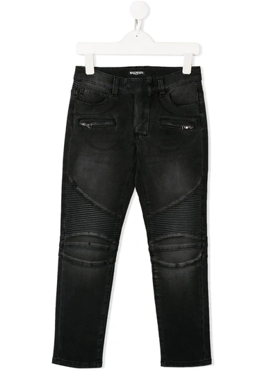 Shop Balmain Ribbed Biker Jeans In Black