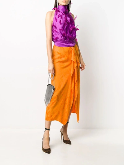 Attico Tie-detailed Draped Satin-jacquard Midi Skirt In Orange